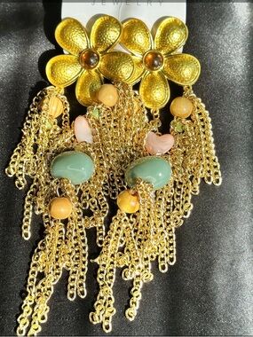 6” Gold Floral Drop Earrings with Green Beads & Gold-tone Chains